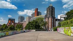 Scenic view of Hamburg cityscape with Stintfang hill overlooking the Elbe River