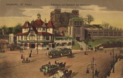 Historic ferry building with elevated railway station in Hamburg