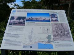 Information board at Hotel Hafen Hamburg with a view of Seewetteramt, Stintfang, Alter Elbpark, Alter Elbtunnel, and St. Pauli Landungsbrücken in Hamburg, Germany