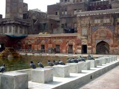 Wazir Khan Mosque in Lahore with pigeons at the pond inside the mosque