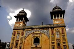 View looking up at the Wazir Khan Mosque in Lahore with architectural details