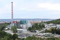 view of Brno from Stránská skála with waste incineration plant in the background