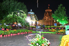 Front view of Lingaraj Temple decorated with lights