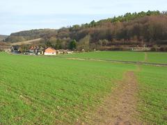 Farmland, footpath, woodland, houses, and road in West Wycombe