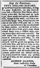 Andrew Jackson's 1804 reward notice for escaped slave.