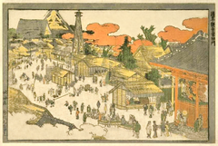 An ancient Japanese temple gate illustrated by Hokusai