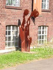 Art sculpture by Eberhard Foest in front of the Industrial Museum Freudenthaler Sensenhammer in Leverkusen-Schlebusch