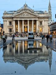 Renovated Beurs and Beursplein in Brussels at dusk