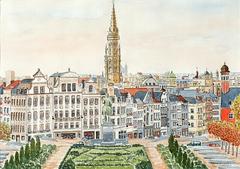 View of central Brussels from Mont des Arts, watercolor painting by Marie-Claire Lefébure