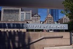 Chicago, Illinois skyline with high-rise buildings and blue sky