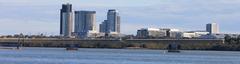 Sydney Olympic Park skyline from Parramatta River with Bennelong Bridge under construction