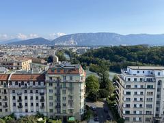 View of Salève, Arve, and Bois-de-la-Bâtie from the Constellation tower in Saint-Jean