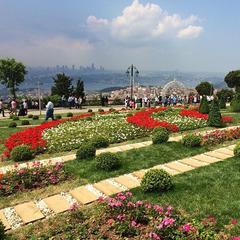 Çamlıca Hill in Istanbul, Turkey with clouds, flowers, and blue sky