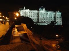 Night view of Sabatini Gardens and north façade of the Royal Palace of Madrid