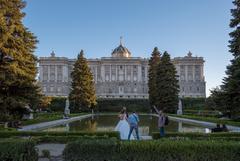 Bride and groom at Sabatini Gardens in Madrid, Spain