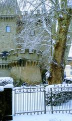 Parco Castelli Romani in winter with snowy walls in Grottaferrata