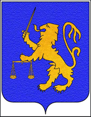 Giusti coat of arms with a rampant lion holding a sword and scale