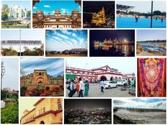 Collage showcasing the notable landmarks of Jhansi, including Major Dhyanchand Hockey Stadium, River Betwa Bank, Sakhi ke Hanuman Temple, and more