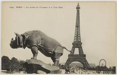 Vintage postcard featuring Trocadéro Gardens and Eiffel Tower with Jacquemart's rhinoceros sculpture