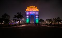 India Gate lit up in tri-colour at night