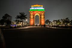 India Gate lit up in tri-colour at night