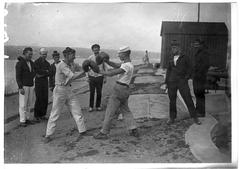 Scenic view of Pointe des Espagnols in Brest with people resting and rounds between Americans and French