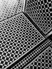 Black and white photo of mosaics in Bahia Palace, Marrakech, Morocco