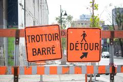 Roadwork signs in Montreal, Quebec, Canada