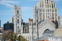 Notre-Dame Basilica and Aldred Building viewed from the roof of Pointe-à-Callière Museum, Montreal