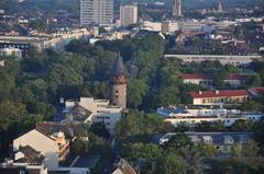 Hot air balloon over Cologne on a clear day