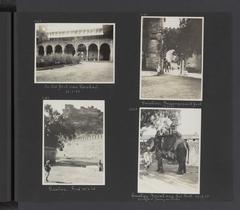 Vintage album page with four photos featuring scenes from Gwalior, India, including Jenny Visser-Hooft on an elephant