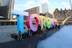 Nathan Phillips Square at sunset in Toronto, Ontario, Canada