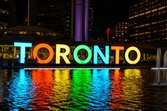 Night shot of Nathan Philips Square in Toronto, 2015