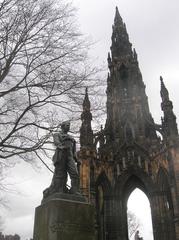 David Livingstone statue and Scott Monument in Princes Street Gardens, Edinburgh