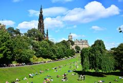 Scott Monument and Princes Street Gardens on a sunny day