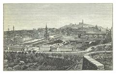 Paterson 1875 artwork of Scott Monument, Royal Scottish Academy, National Gallery, and North British Railway Station