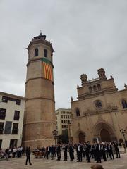 Municipal marching band playing music in front of Fadrí decorated with local flag