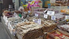 Dried salted seafood products in Tha Tian Market