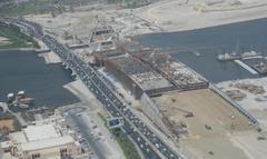 Al Garhoud Bridge construction over Dubai Creek on 1 May 2007, aerial view