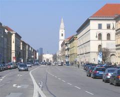 Ludwigstrasse in Munich with Siegestor and Highlight Towers in the background