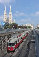 street view near Votivkirche in Vienna with trams on Tramwaytag