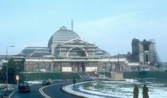 Alexandra Palace during restoration with scaffolding supporting the walls, 1982