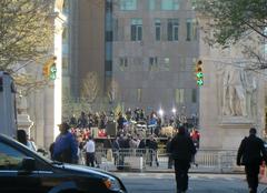 crowd of people gathering at a rally on Fifth Avenue New York