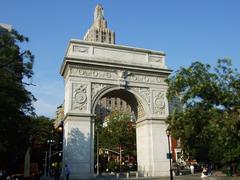 Washington Square Park in New York City with its iconic arch and surrounding buildings