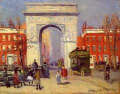 Washington Square Park with people walking and resting on benches