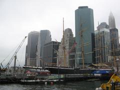 Seaport with looming skyscrapers