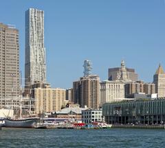 View of Manhattan from Circle Line Sightseeing boat, East River, New York City