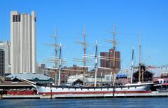 Wavertree ship on East River with Verizon Pearl Street building, South Street Seaport, and Brooklyn Bridge in the background