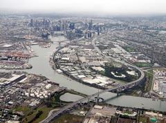 Aerial view of Melbourne CBD, Yarra River, West Gate Bridge, Fishermans Bend