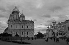 Grand Kremlin palace in Moscow, Russia viewed from a distance under a cloudy sky